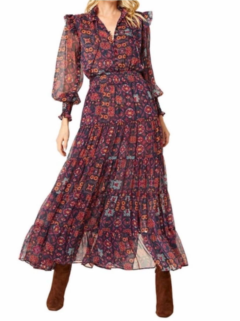 MISA Talitha Tile Floral Chiffon Maxi Dress XS Long Sleeves - Purple Floral